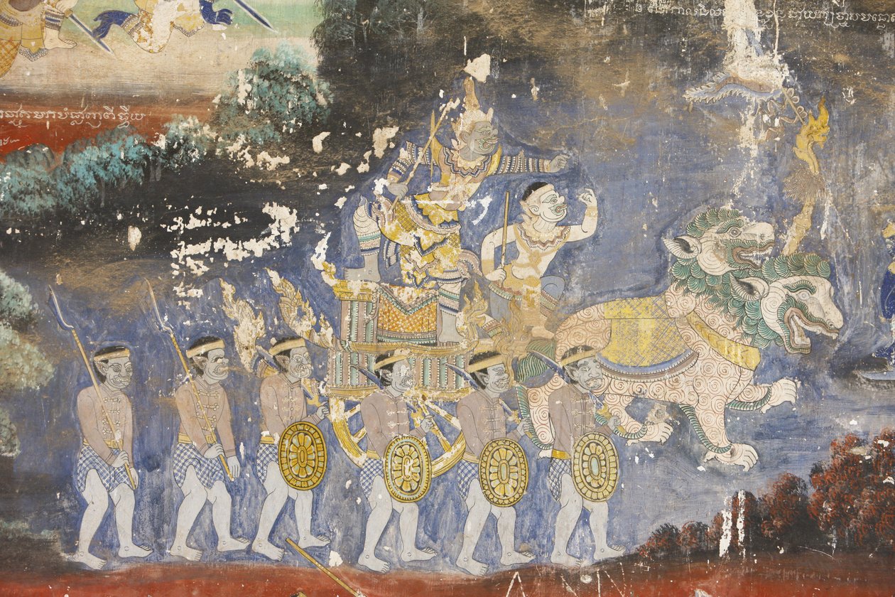 Pagoda Sylvera Ten mural przedstawia sceny z Reamkera, który jest kambodżańską lub khmerską wersją klasycznego hinduskiego poematu Ramajana, Phnom Penh, Kambodża autorstwa Unbekannt