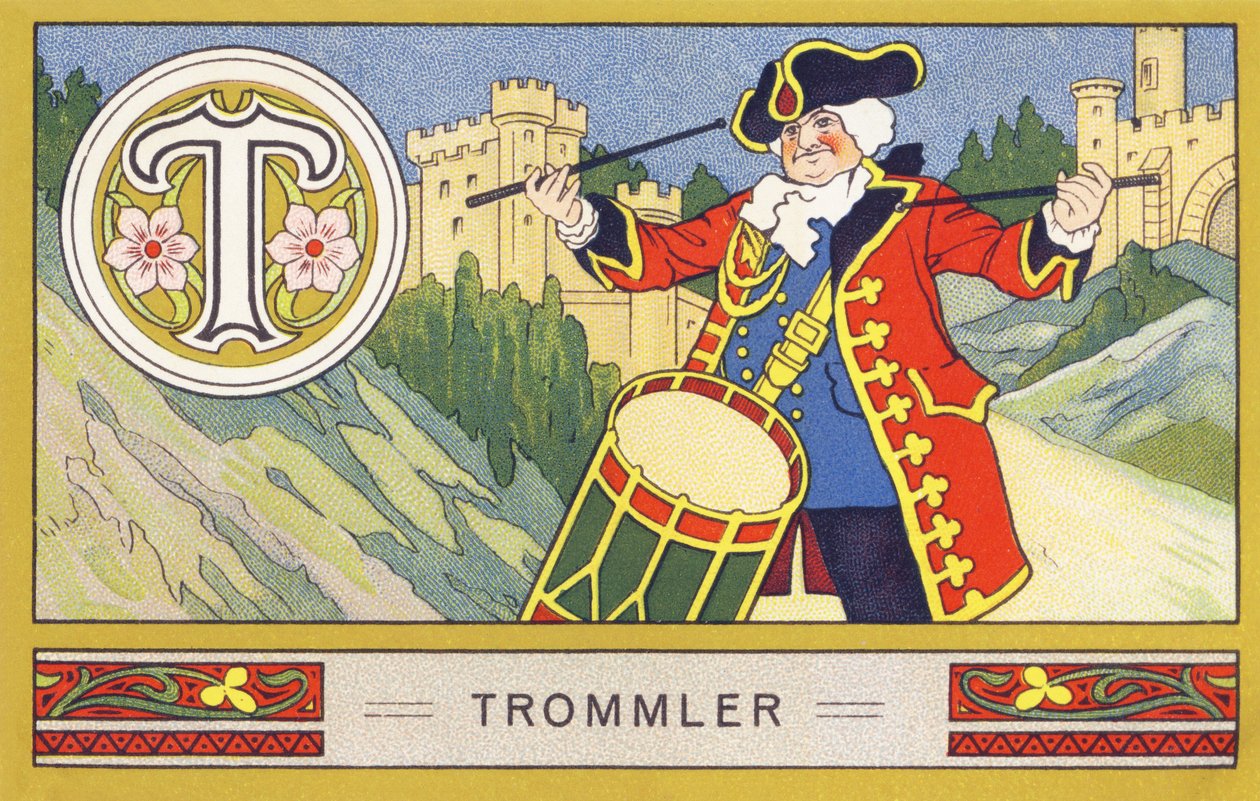 T: Perkusista - Alfabet Palmin. Seria chromolitografii pod redakcją H. Schlincka i Cie, Hamburg, s. d. . Reklama najlepszego oleju kokosowego Palmin. Wymiary: 7 x 11 cm autorstwa William M. Timlin