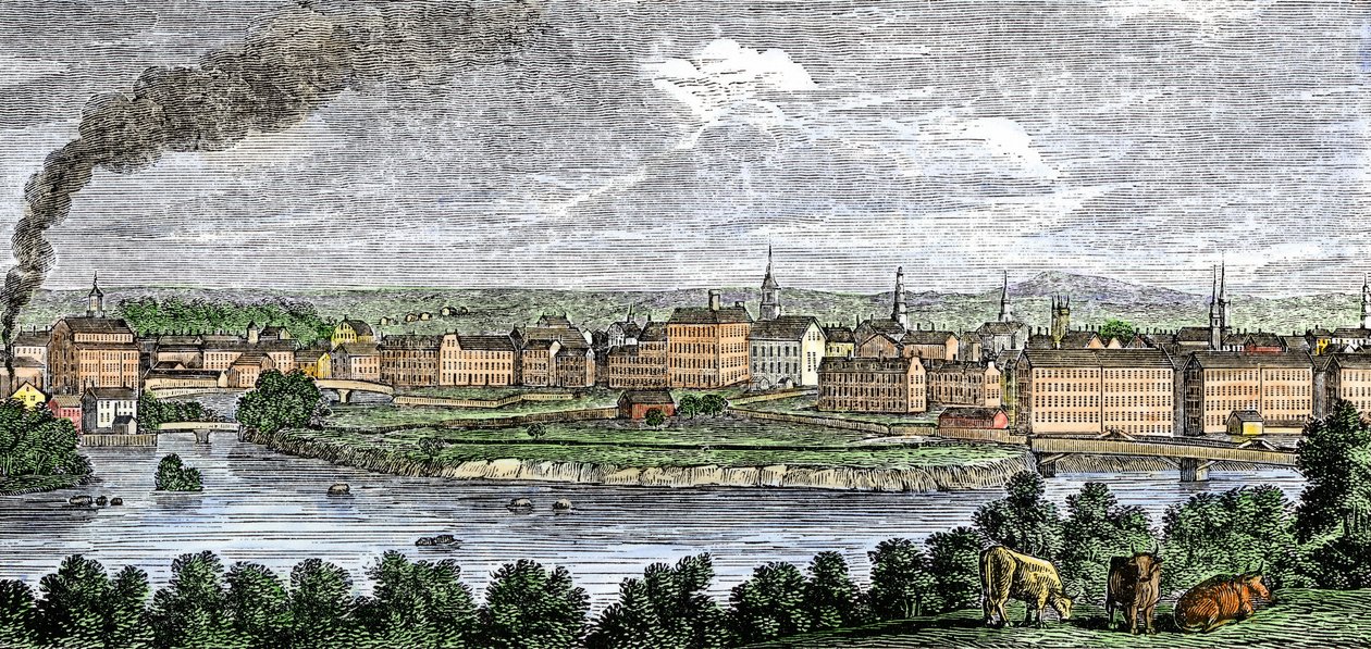 Młyny włókiennicze wzdłuż rzek Merrimack (Merrimac) i Concord, Lowell, Massachusetts, USA w latach trzydziestych XIX wieku. Kolorowa rycina z XIX wieku. autorstwa Unbekannter Künstler