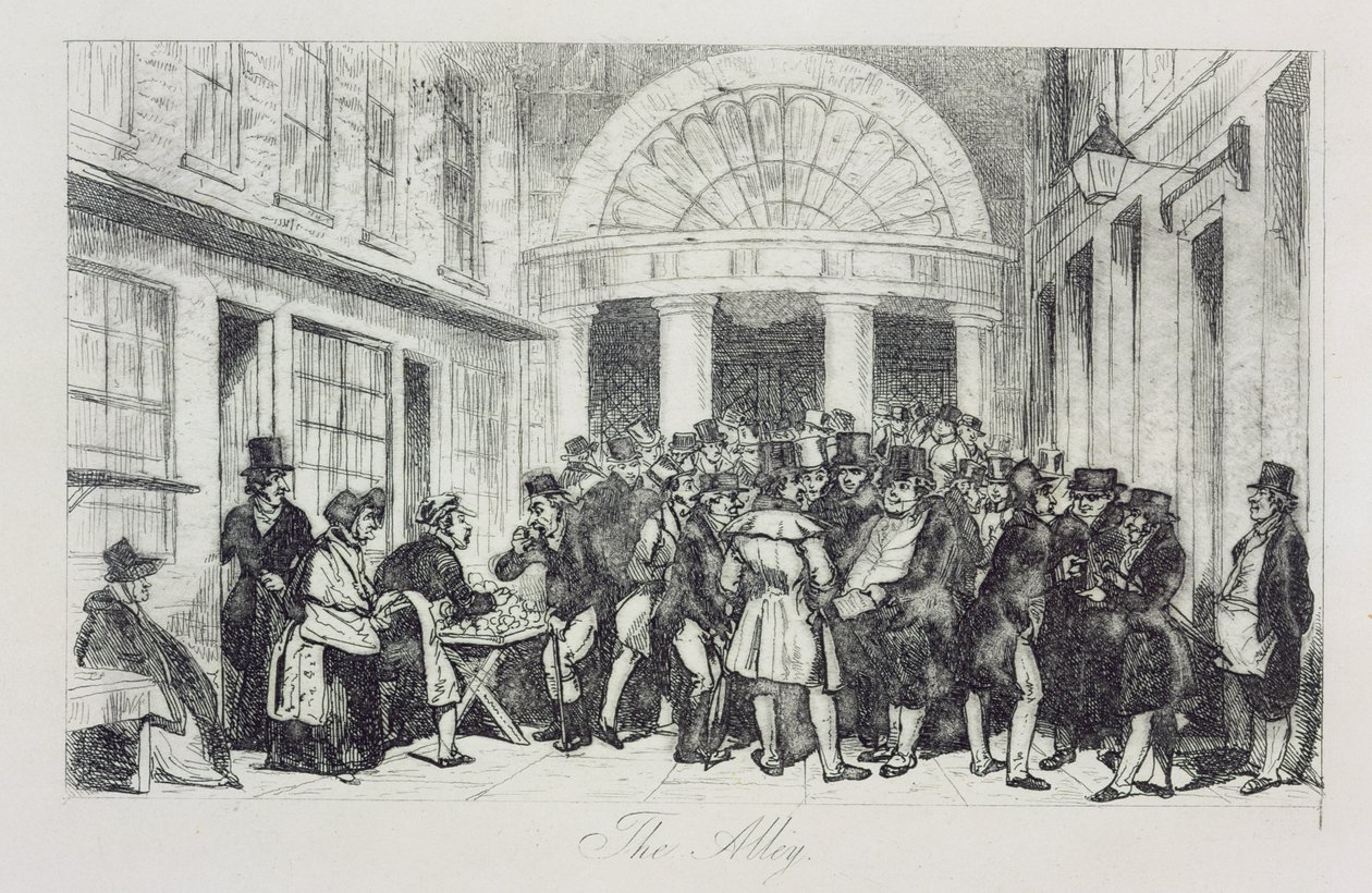 „The Alley”, sprzedawca bułek przy wejściu do Londyńskiej Giełdy Papierów Wartościowych, Capel Court, ok. 1850 (akwaforta) autorstwa Unbekannt