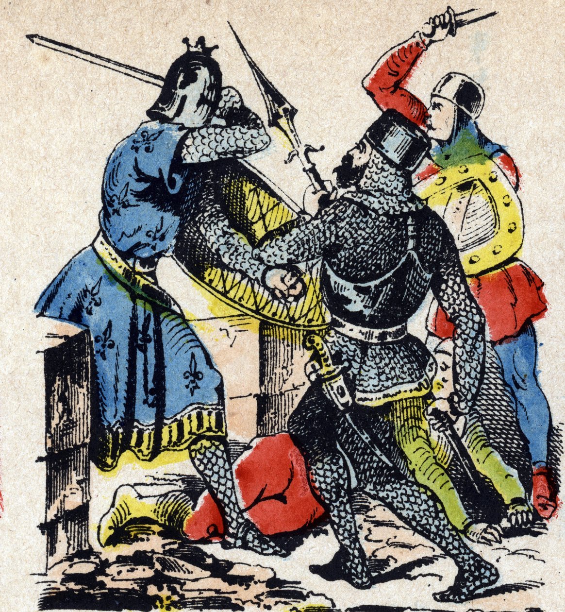 Bitwa pod Taillebourg między królem Francji Ludwikiem IX i jego bratem, hrabią Poitiers Alfonsem, a bronią ich wasalnych buntów, Henryka III z Anglii i Huguesa X z Lusignan. Obraz Epinal z XIX wieku (rycina) autorstwa Unbekannter Künstler
