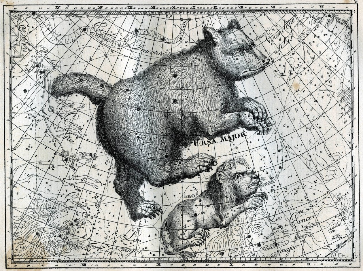 Gwiazdozbiory borealne: Wielka Niedźwiedź i Mały Lew. Grawer z „Gwiazdy i inne osobliwości nieba” Camille Flammarion autorstwa Unbekannt