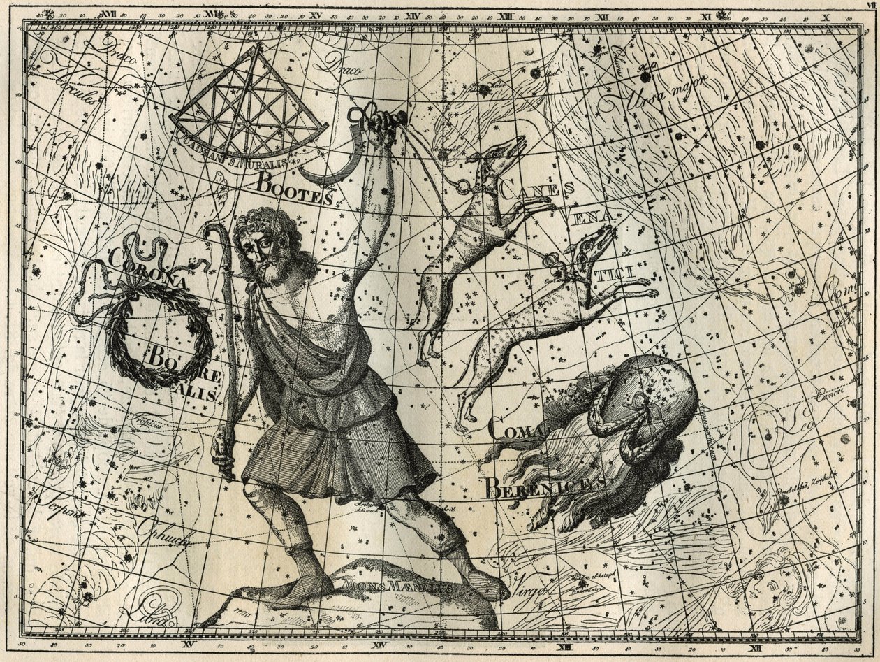 Altana, korona borealna, psy myśliwskie, sierść Berenice. Grawer z „Gwiazdy i inne osobliwości nieba” Camille Flammarion autorstwa Unbekannt