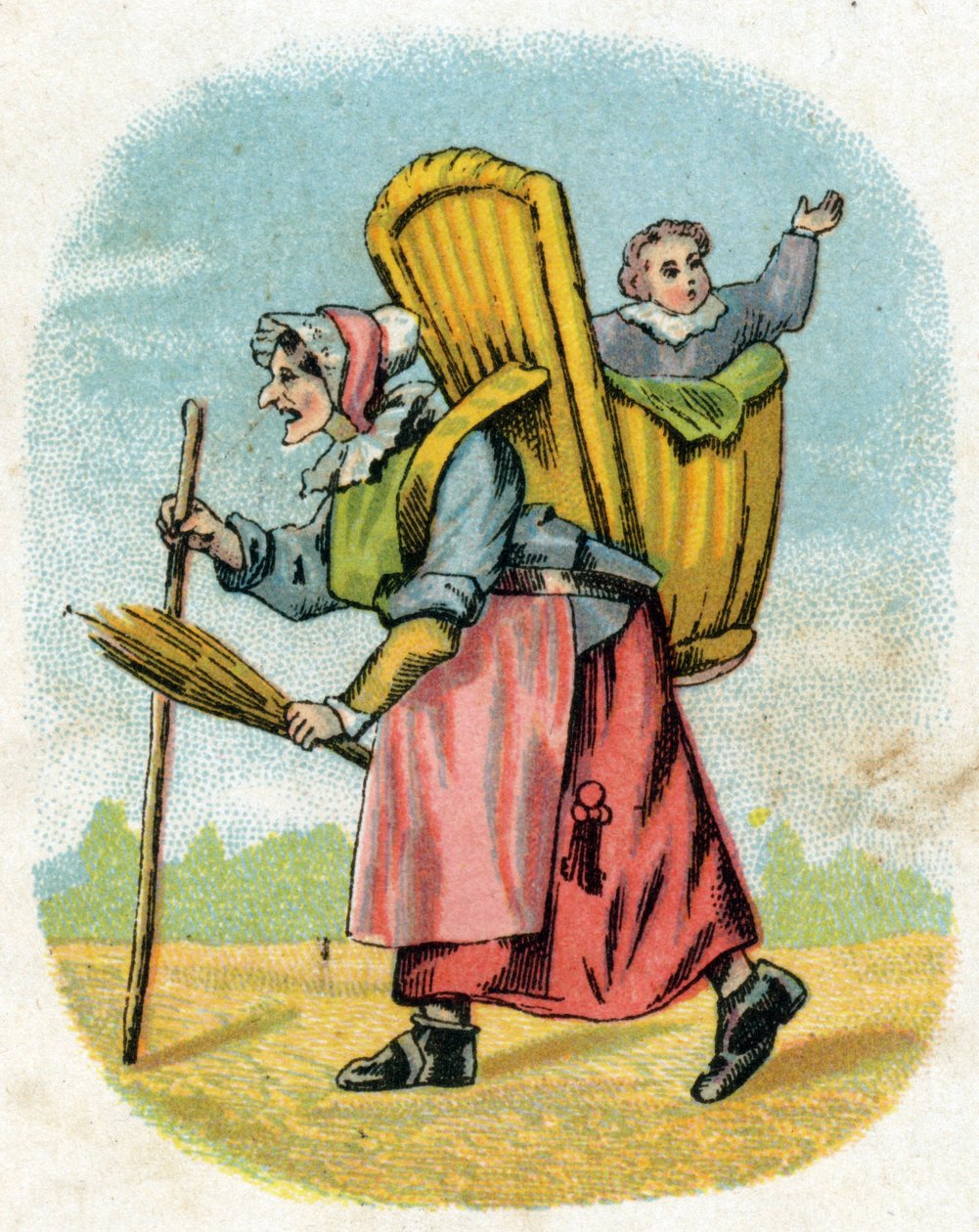 Matka chłopaka. Stara kobieta uczennica z torbą do przenoszenia ucznia. Grawer w „Alphabet des petits ecoliers”. Obraz Epinal, ok. 1885. Kolekcja Privee autorstwa Unbekannt