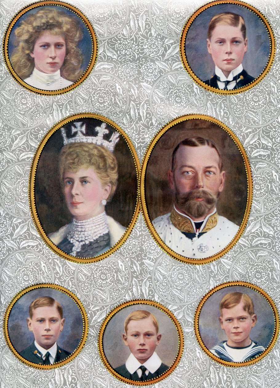Brytyjska rodzina królewska w 1910 roku. Od góry po lewej, księżniczka Maria, księżna królewska i hrabina Harewood, 1897 1965. Książę Walii, późniejszy Edward VIII autorstwa Unbekannter Künstler