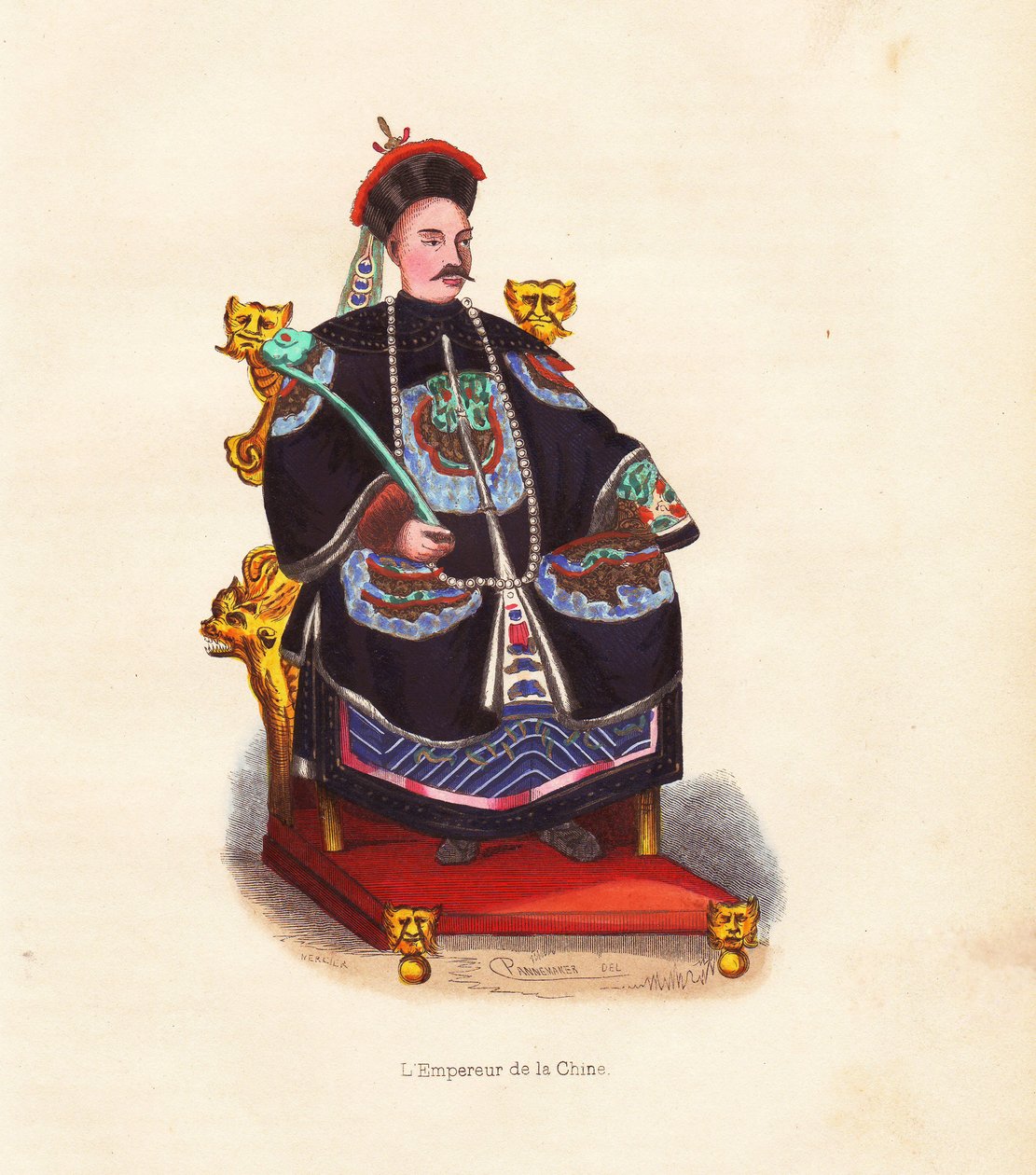 Cesarz Chin w haftowanych szatach i kapeluszu z pawim piórem siedzący na tronie. Ręcznie kolorowany drzeworyt Merciera na podstawie ilustracji Pannemakera z "Mores, Uses et Costumes de tous les Peuples du Monde" Auguste