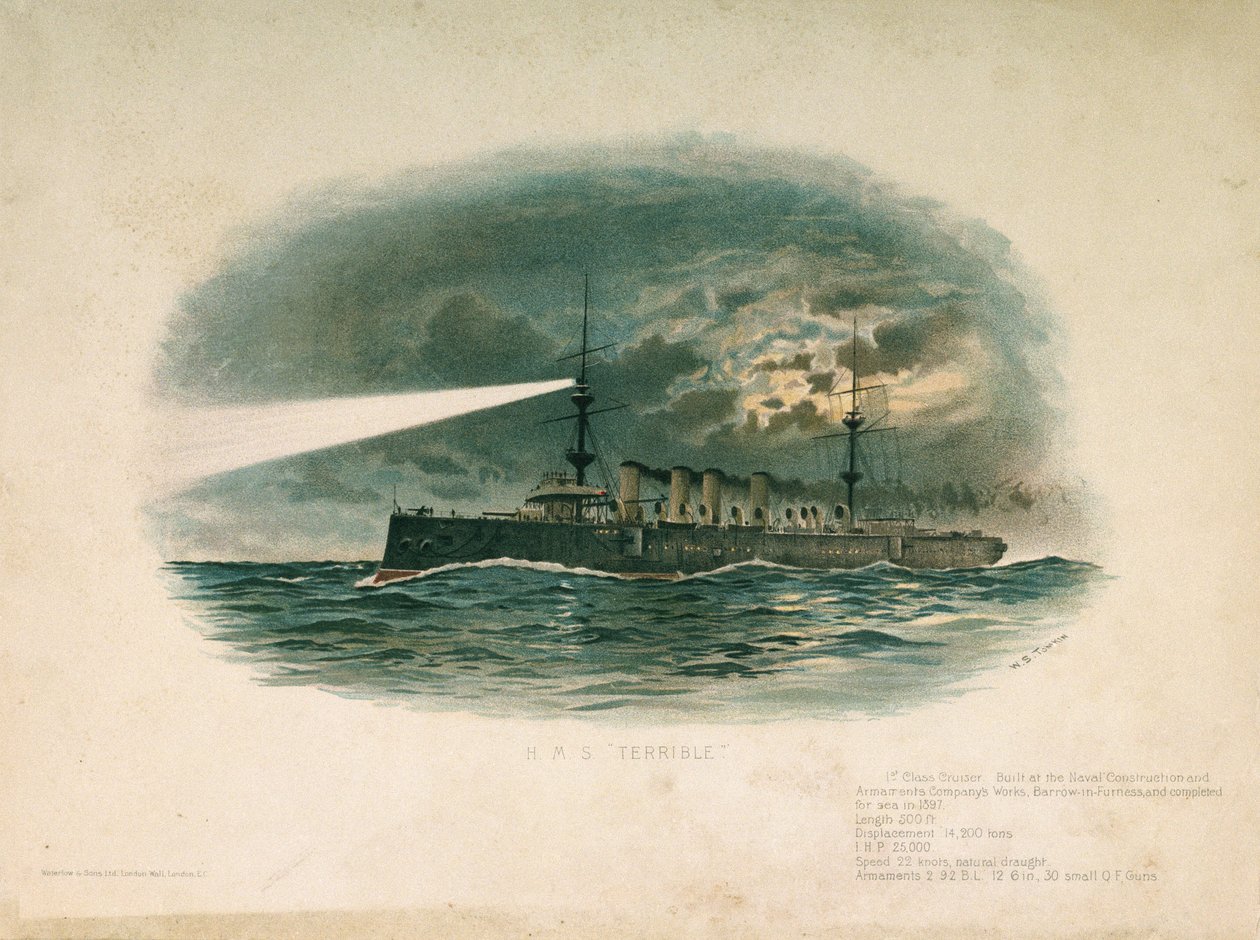 HMS "Terrible", krążownik pierwszej klasy, zbudowany przez Barrow in Furness Shipbuilding and Arms Company w 1897 roku. Chromolitografia z końca XIX wieku, autorstwa W.S. Tomkina (). autorstwa Unbekannter Künstler
