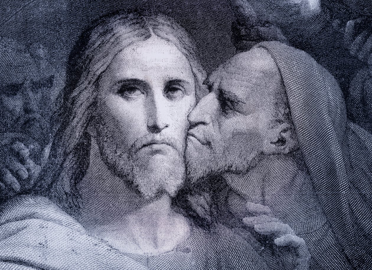 Pocałunek – Judasz Iskariota całuje Jezusa Chrystusa w Ogrodzie Getsemani, z „El Mundo Ilustrado”, wydanego w Barcelonie, ok. 1880 r. autorstwa Unbekannt