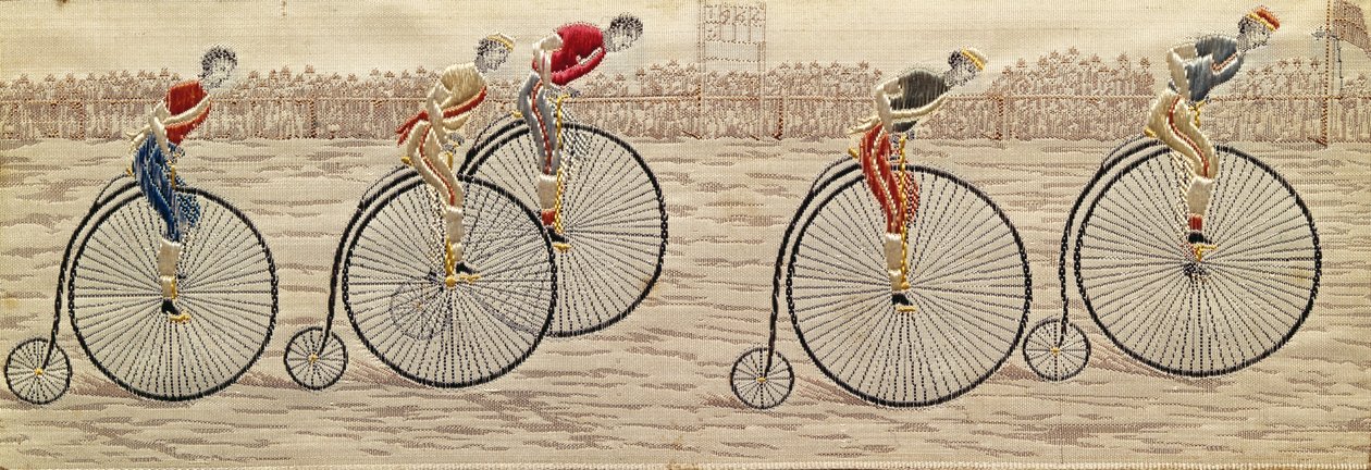 The Last Lap, Penny Farthing Race tkany jedwab Stevengraph, autorstwa Thomasa Stevensa z Coventry autorstwa Unbekannter Künstler