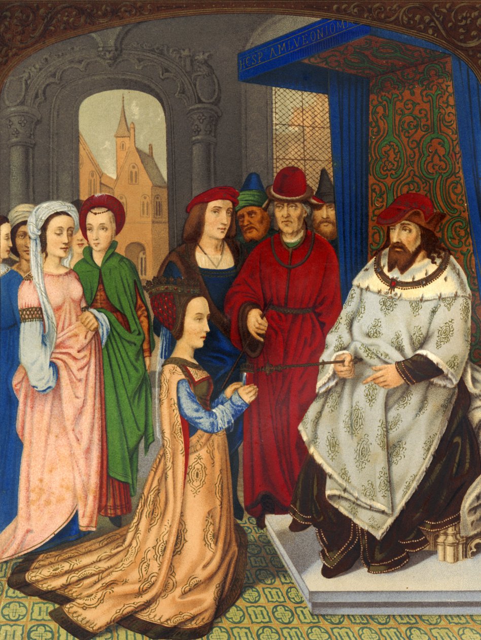 Królowa Saby przed królem Salomonem według XV-wiecznej ilustracji (druk) autorstwa Unbekannter Künstler