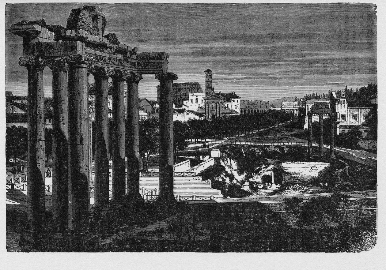 Forum Romanum otoczone ruinami kilku ważnych starożytnych budynków rządowych w centrum Rzymu. Mieszkańcy starożytnego miasta określali tę przestrzeń, pierwotnie targowisko, jako Forum Magnum lub po prostu Forum. autorstwa Unbekannt