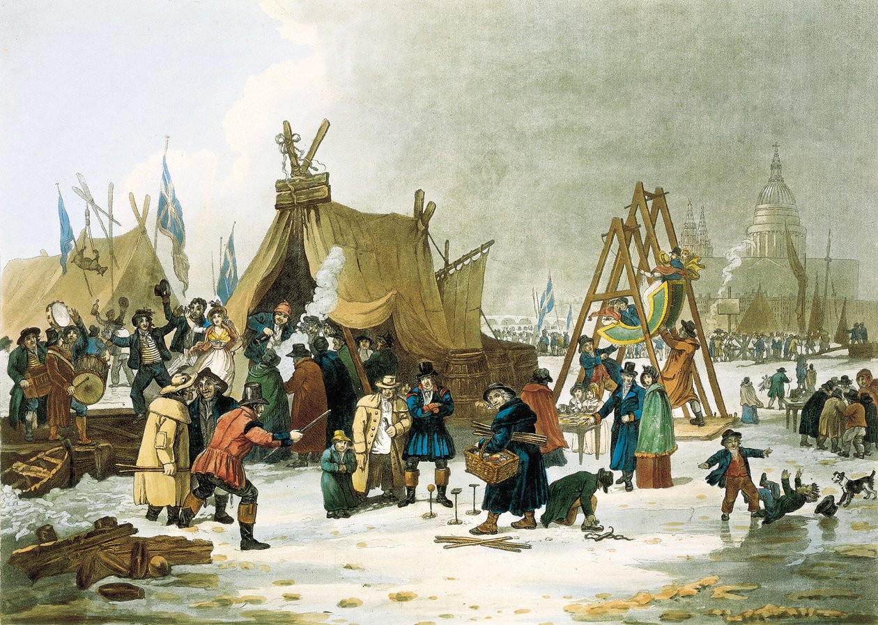Tamiza zamarzła podczas zimy 1813-1814, przed zburzeniem starego London Bridge w 1831 r., Tamiza zamarzała podczas bardzo mroźnych zim, a londyńczycy korzystali z okazji, aby urządzić place zabaw dla dzieci, improwizowane lodowiska i ustawić dziesięć autorstwa Unbekannter Künstler
