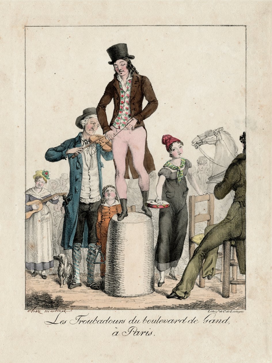 Trubadurzy z Boulevard de Gand, Paryż, ok. 1820 r. (rycina) autorstwa Unbekannter Künstler