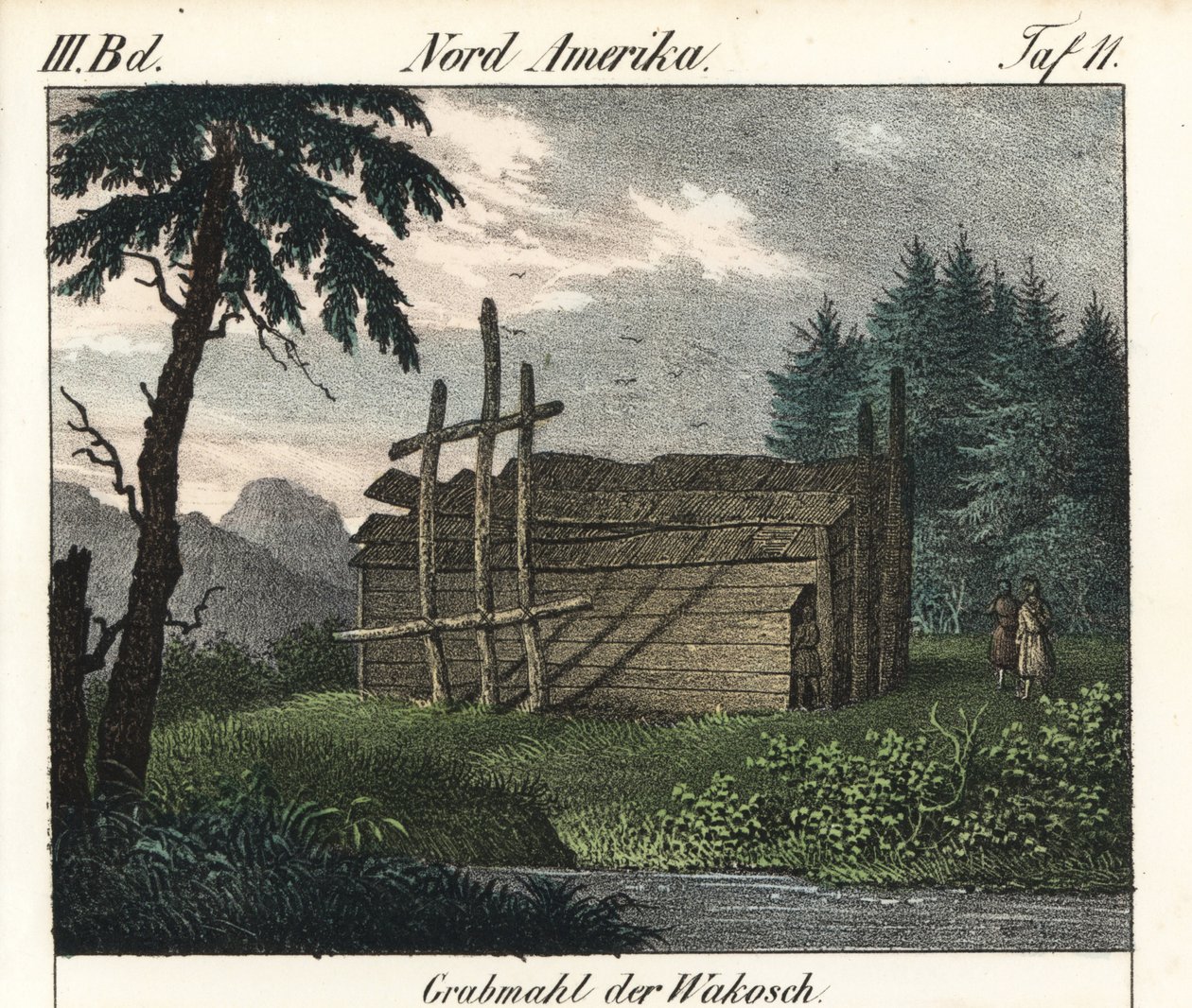 Drewniany grobowiec Indian Wakashan (Kanada). Litografia do książki: "Galerie complete en tableaux fideles des peuples d