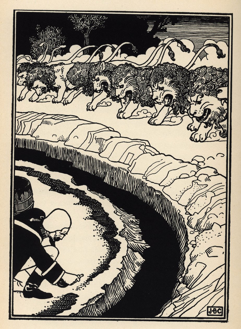 Baron broni się przed atakiem lwów podpalając proch strzelniczy. Ilustracja Williama Stranga (1859-1921) i JB Clarka z „Przygód barona z Munchausen (Munchhausen)” Rudolfa Ericha Raspe (1736-1794) (1789) autorstwa Unbekannt
