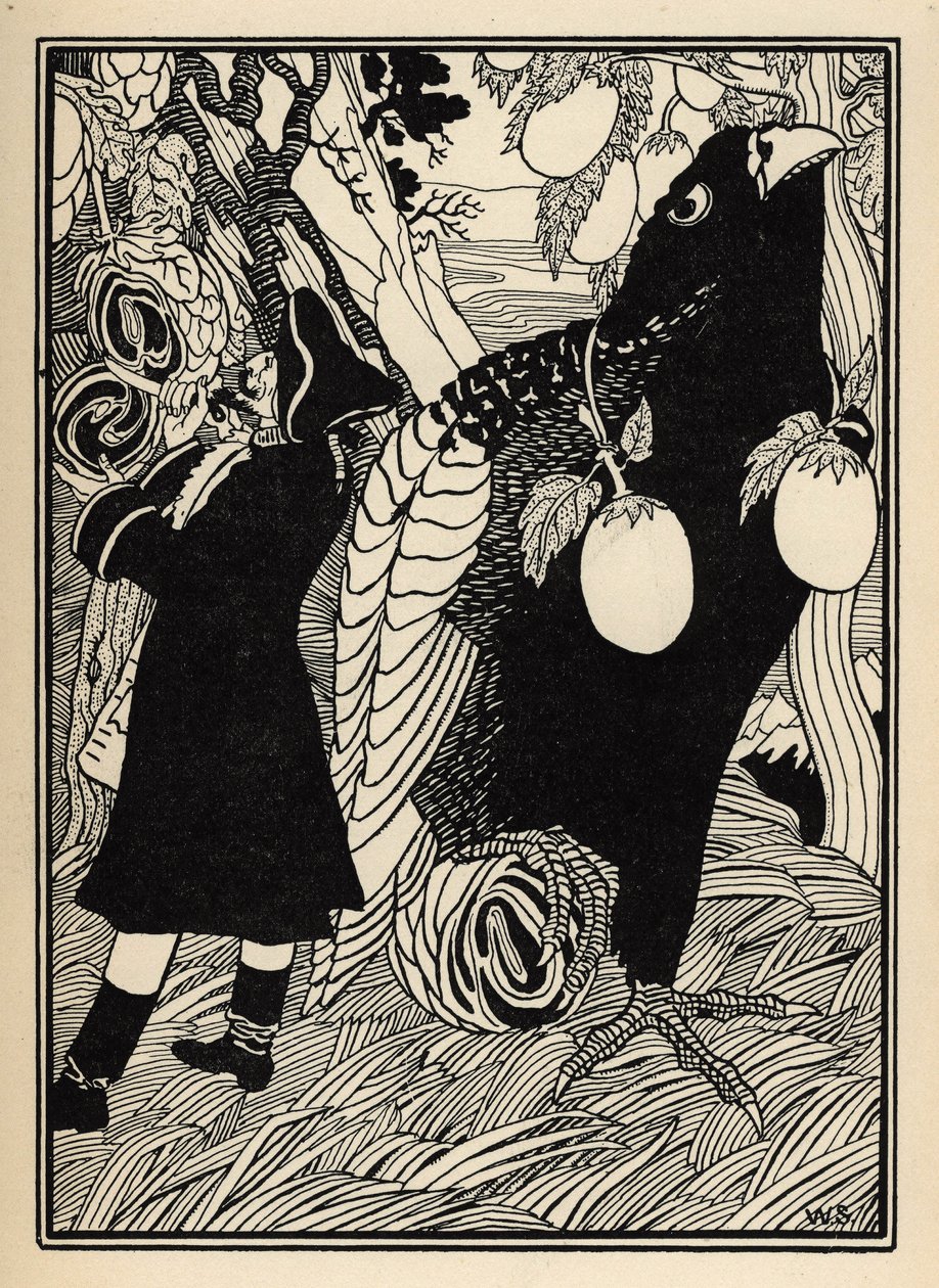 Baron odkrywa wielkie ptaki i rotis na drzewach w Stanach Zjednoczonych. Ilustracja Williama Stranga (1859-1921) i JB Clarka z „Przygód barona z Munchausen (Munchhausen)” Rudolfa Ericha Raspe (1736-1794) (1789) autorstwa Unbekannter Künstler