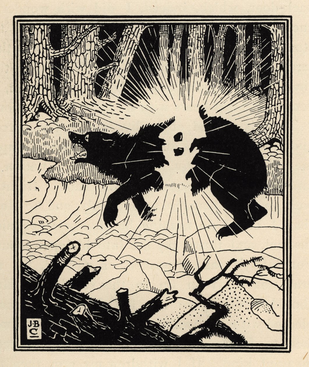 Baron rozsadza czarnego niedźwiedzia za pomocą dwóch krzemieni. Ilustracja Williama Stranga (1859-1921) i JB Clarka z „Przygód barona z Munchausen (Munchhausen)” Rudolfa Ericha Raspe (1736-1794) (1789) autorstwa Unbekannt