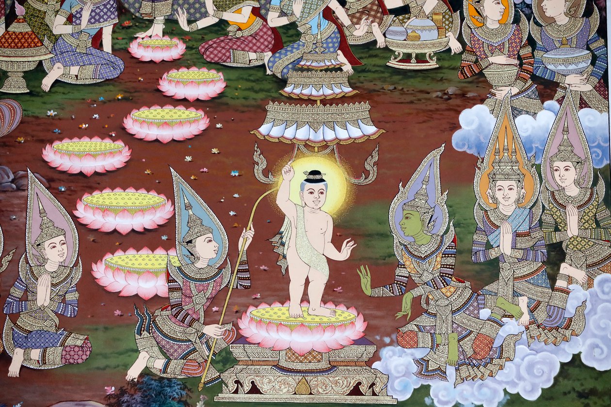 Narodziny niemowlęcia Siddharthy, fresk ścienny, klasztor Wat Maniratanaram, Phnom Penh, 2022 (zdjęcie) autorstwa Unbekannter Künstler