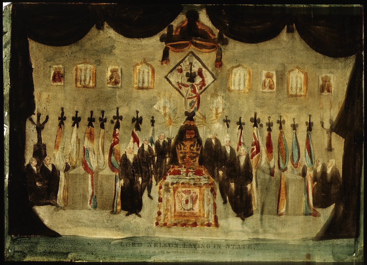 Ciało Horatio Nelsona (1758-1805) spoczywające w malowanej sali dawnego Królewskiego Kolegium Marynarki Wojennej w Greenwich podczas pogrzebu trzeciego dnia, czarna płachta przykrywająca trumnę zostaje zdjęta, a ubrani na czarno strażnicy stoją po obu stro autorstwa Unbekannter Künstler