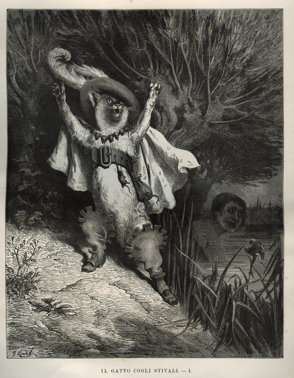 Kot buta woła o pomoc. Grawer Gustave Dore (1832-1883) z „”Les contes”” Charlesa Perraulta (1628-1703) autorstwa Unbekannt