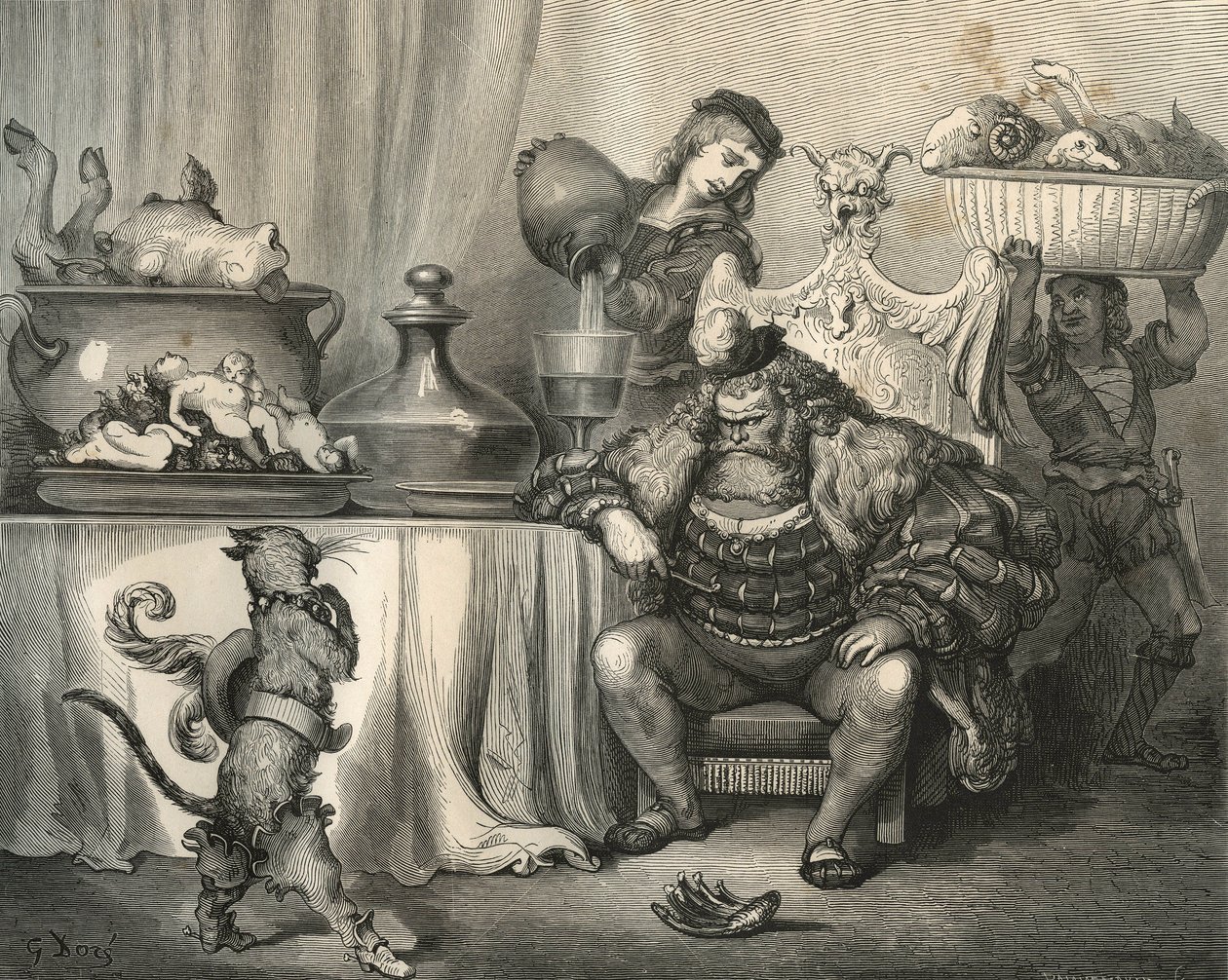 Kot buta spotyka Ogra. Grawer Gustave Dore (1832-1883) z „”Les contes”” Charlesa Perraulta (1628-1703) autorstwa Unbekannt