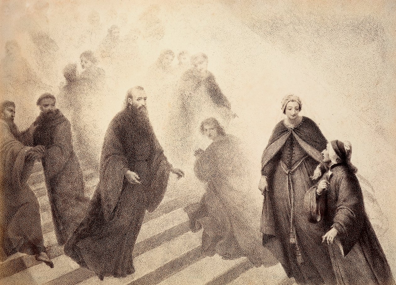 Kontemplacyjny duch Piotra Damiana schodzi ze złotej drabiny, kierując się w stronę Dantego. Ilustracja do Canto XVI w Paradiso z Boskiej komedii Dantego Alighieri. Dzieło Francesco Scaramuzzy dedykowane władzom miejskim Florencji. autorstwa Unbekannter Künstler