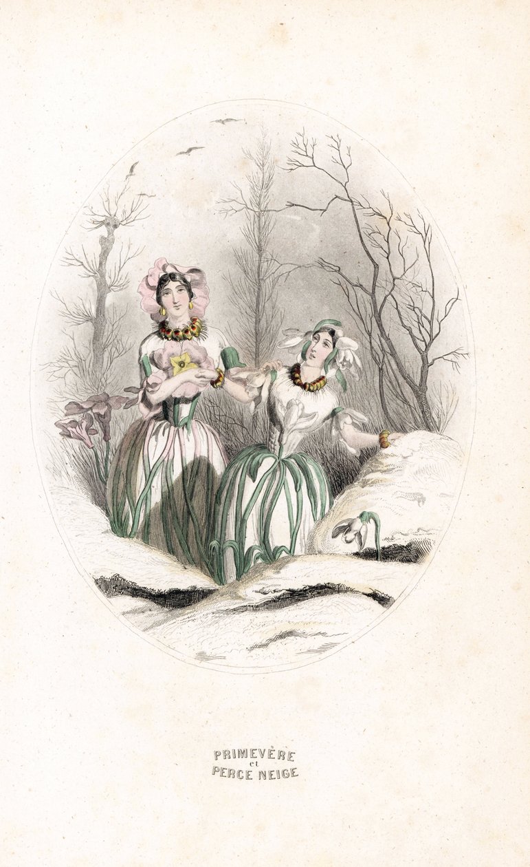 Opłaty przebijające śnieg i primevere w zaśnieżonym krajobrazie - Eau forte autorstwa Charlesa Geoffroya (1819-1882), na podstawie ilustracji Jeana Ignace