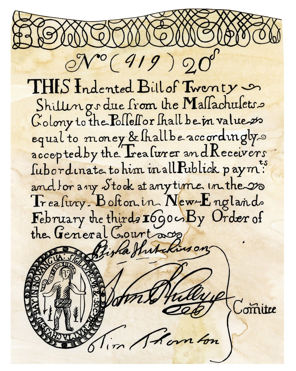 Pierwszy amerykański papier (banknot) o wartości 20 szylingów, wyemitowany przez Sąd Kolonii Bostońskiej (Massachusett, USA) w 1690 roku. Kolorystyka ryciny z XIX wieku. autorstwa Unbekannter Künstler