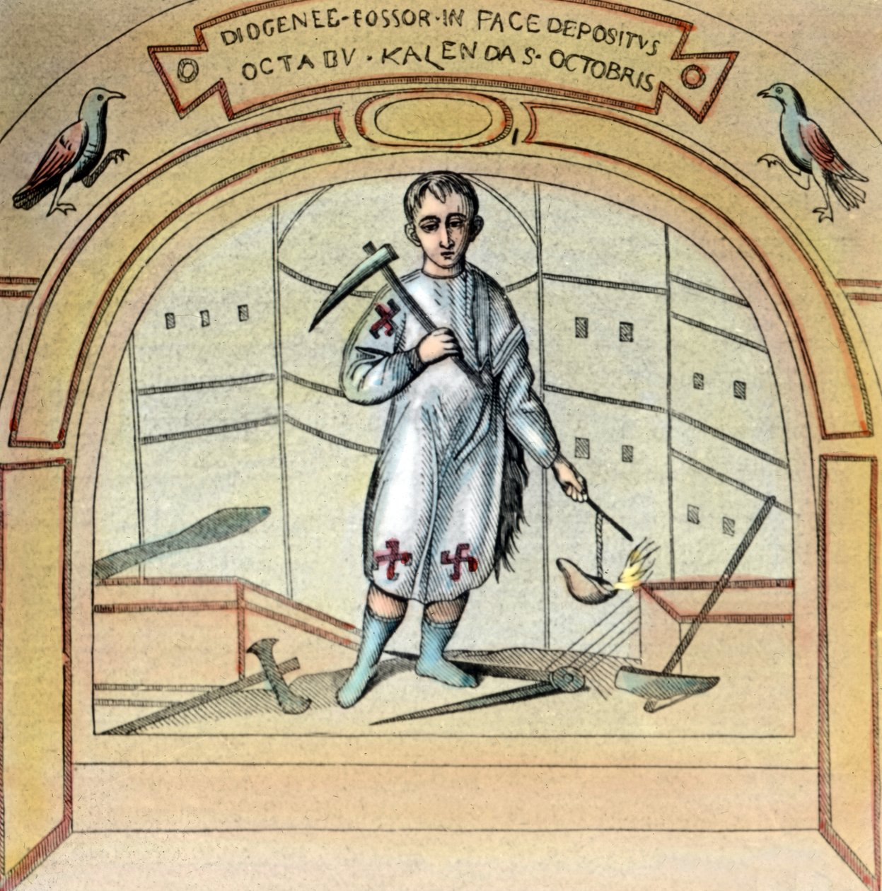 Fossor, czyli grabarz Diogenes jako malowidło ścienne w kościele św. Marcellino przy Via Labicana w Rzymie, Włochy, lata 20. XX wieku autorstwa Unbekannter Künstler