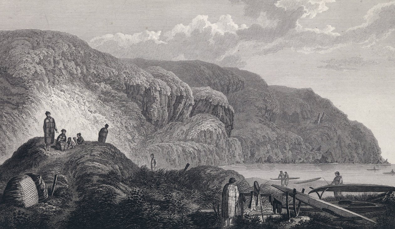 Mieszkańcy Oonalashka (lub Unalaska, Alaska, Stany Zjednoczone) i ich domy. Rycina z końca XVIII wieku, według Johna Webbera (1751-1793). autorstwa Unbekannter Künstler