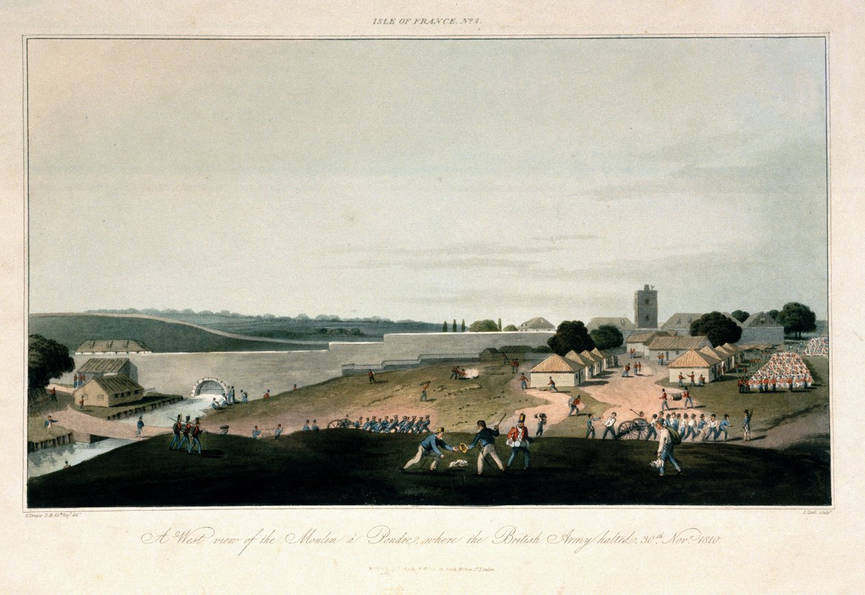 Île de France (Mauritius), zachodni widok na młyn w Pondre, gdzie 30 listopada 1810 r. stacjonowały wojska brytyjskie. Akwaforta w kolorach autorstwa Unbekannter Künstler