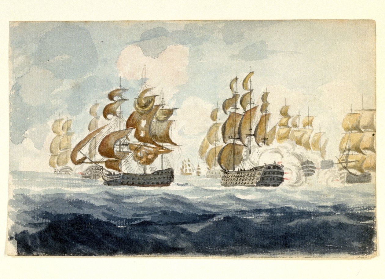Manewry morskie Alexandra Hooda, wicehrabiego Bridport (1726-1814) u wybrzeży Lorient (Francja) podczas bitwy o Île de Groix (1795). Akwarela autorstwa Unbekannter Künstler