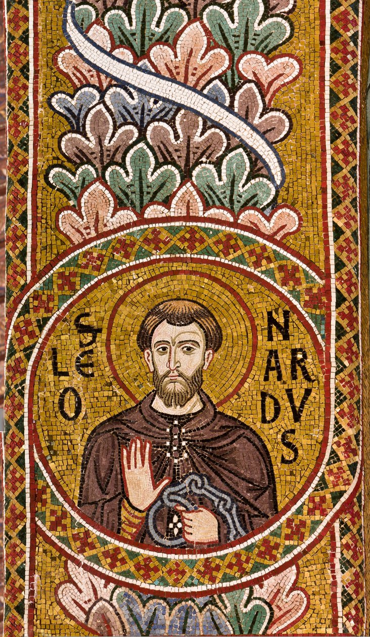 Nawa, mozaika pod łukiem: "Św. Leonard", XII w., Kaplica Palatyńska, Pałac Królewski lub Palazzo dei Normanni (Pałac Normanów), Palermo, Sycylia, Włochy (zdjęcie) autorstwa Unbekannter Künstler