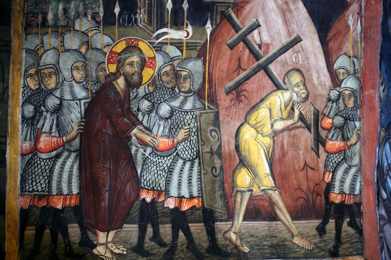 Pasja Chrystusa Szymona niesie krzyż bizantyjski fresk z klasztoru Agios Ioannis Lampadistis, św. Jan Lampadistis, Cypr z XI wieku Malowane kościoły UNESCO Troodos, Cypr autorstwa Unbekannt