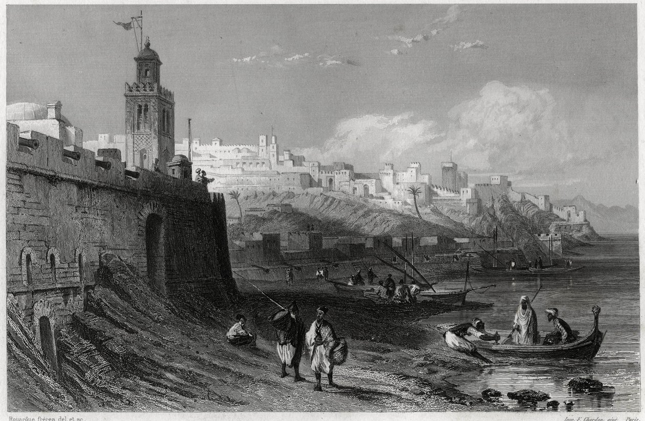 Malowniczy port ufortyfikowanego miasta Tanger w XIX wieku, w książce Louisa Enaulta (1824-1900), francuskiego dziennikarza i podróżnika, o Morzu Śródziemnym. Louis Enault, LA MEDITERRANEE SES ILES ET SES BORDS, Morizot autorstwa Unbekannt