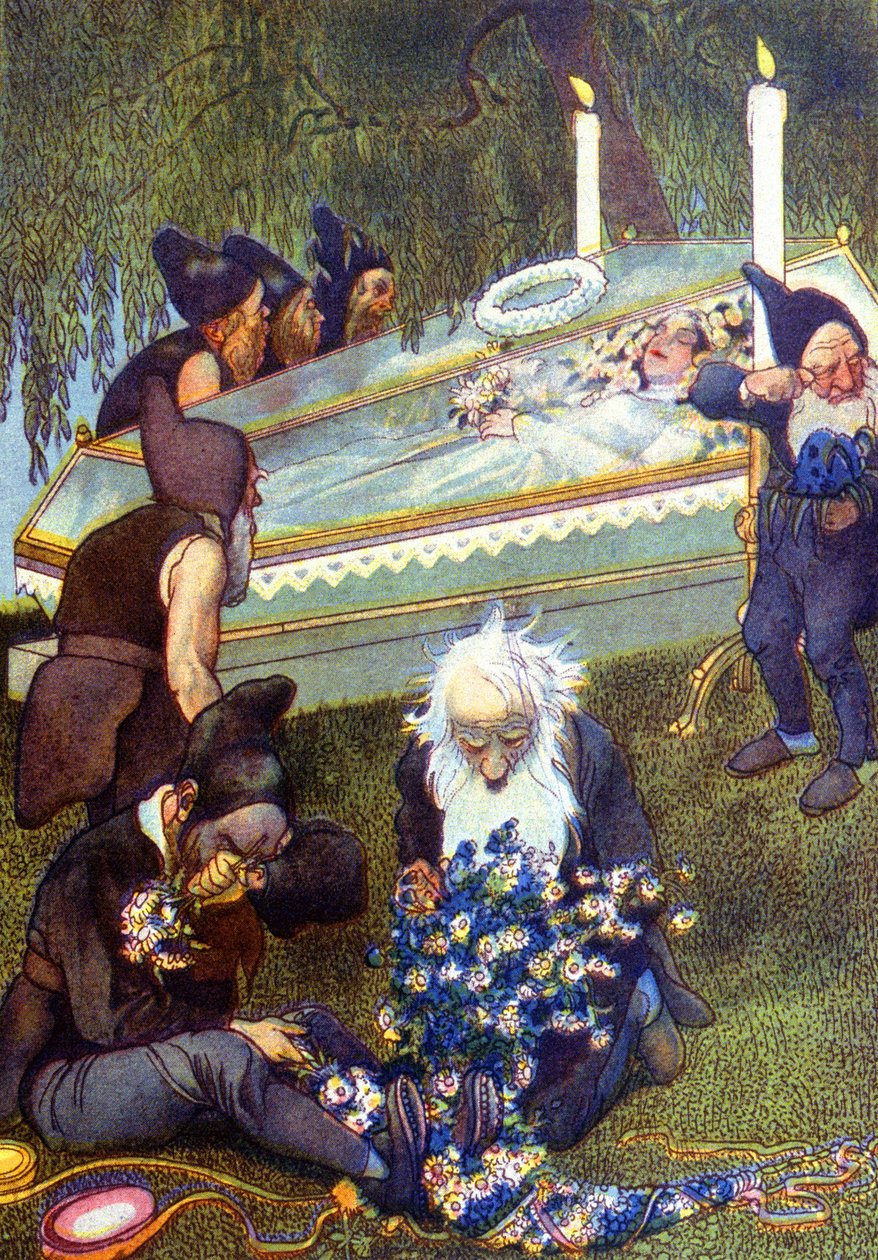 Siedmiu krasnoludków płaczących Królewnę Śnieżkę w trumnie, koniec XIX wieku (ilustracja) autorstwa Unbekannter Künstler