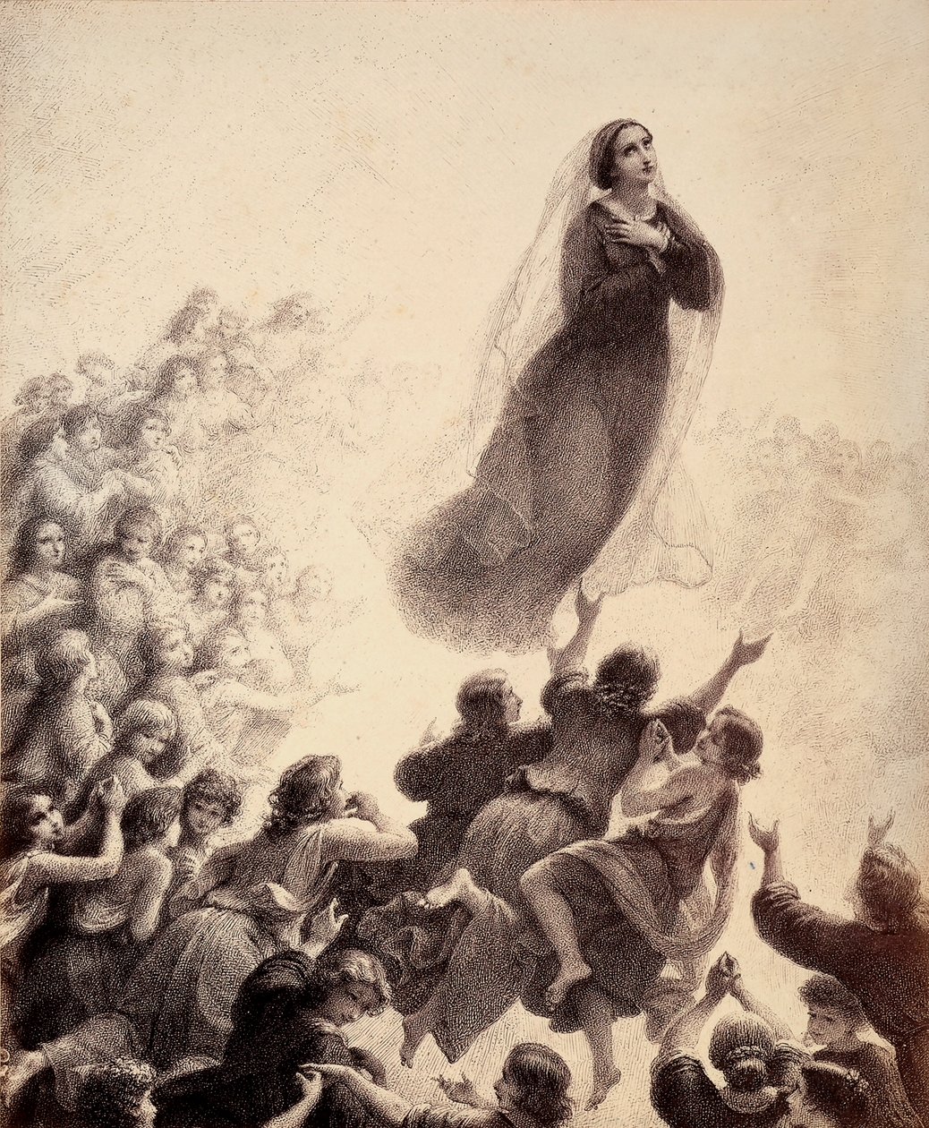 Duchy błogosławionych, z wyciągniętymi ramionami, śpiewem towarzyszą Maryi w drodze do Empyrean. Ilustracja do Canto XXIII w Paradiso z Boskiej komedii Dantego Alighieri. Dzieło Francesco Scaramuzzy dedykowane władzom miejskim Florencji autorstwa Unbekannter Künstler