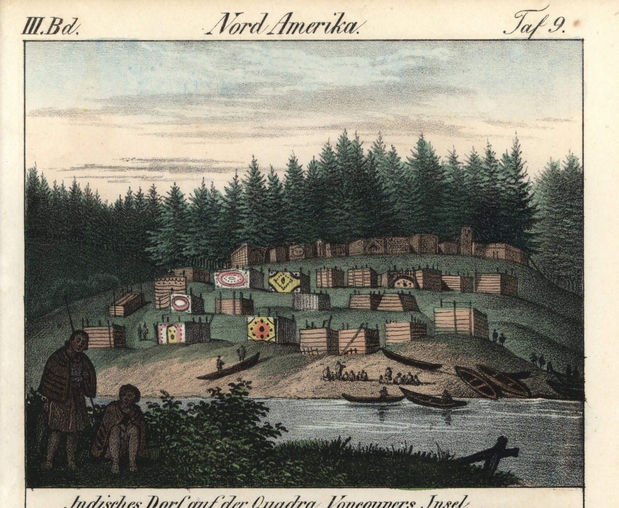 Wioska drewnianych domów malowanych przez Indian na wyspie Vancouver w Kanadzie. Litografia do książki: "Galerie complete en tableaux fideles des peuples d