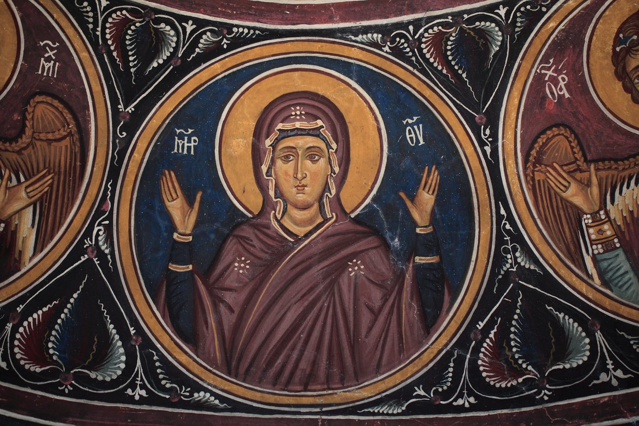 Medalion Marii Panny wokół Chrystusa i Sądu Ostatecznego Szczegóły bizantyjskiego fresku ze sklepienia Narthex kościoła Asinou Scena ostatniego wyroku 14 wieku (1332) UNESCO, światowe dziedzictwo kulturowe Region Troodos, Cypr autorstwa William M. Timlin