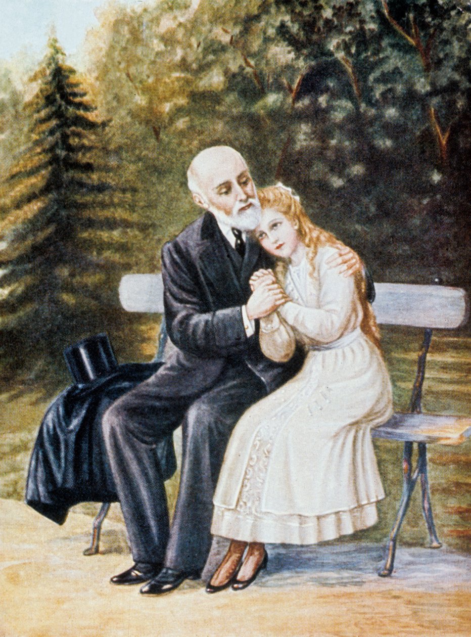 Teresa z Lisieux prosi swojego ojca Louisa Martina, aby wstąpił do klasztoru, ilustracja autorstwa Unbekannter Künstler