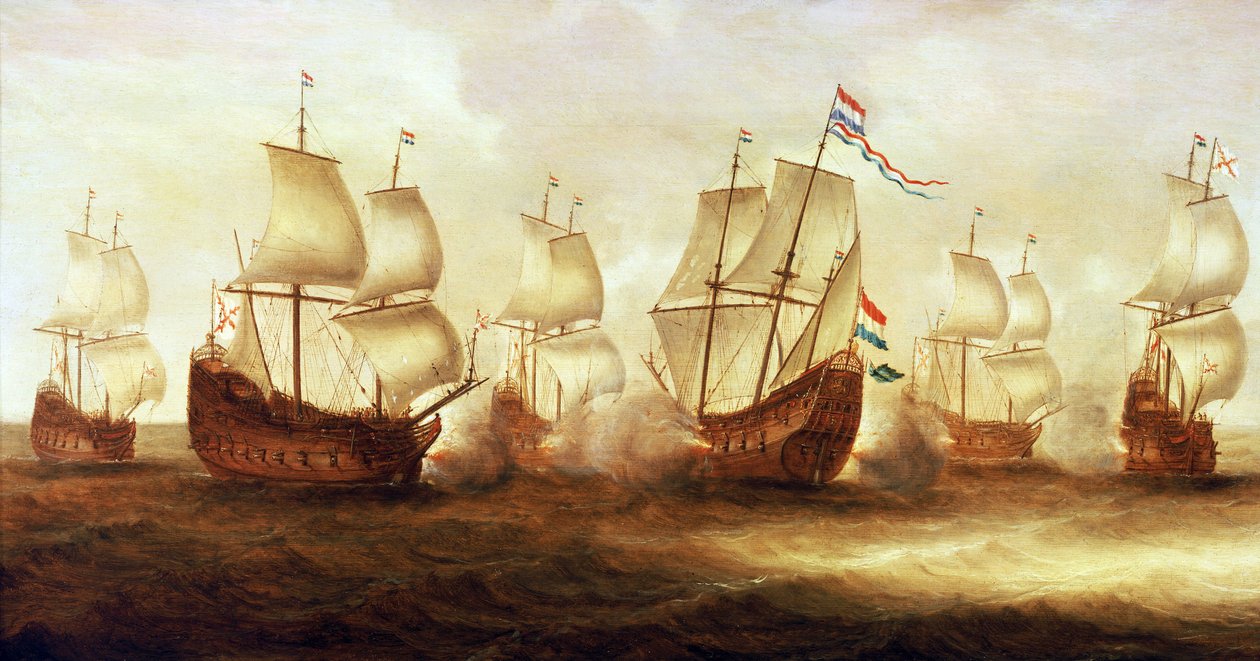 Wojna trzydziestoletnia (1618-1648): Akcja admirała Witte de Witha (1599-1658) z łodziami Dunkierki u wybrzeży Nieuwpoort (Holandia) w 1641 r. autorstwa Unbekannter Künstler
