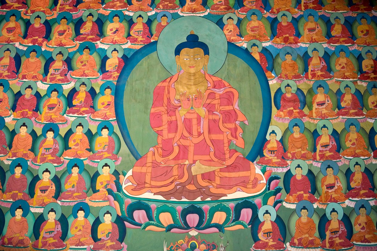 buddyzm tybetański; malowanie ścian; medytujący Budda; wielu małych Buddów; Klasztor Chemre Gompa; Chemrey; region Ladakhu; Dżammu i Kaszmir; Indie; Południowa Azja; Azja autorstwa Unbekannt