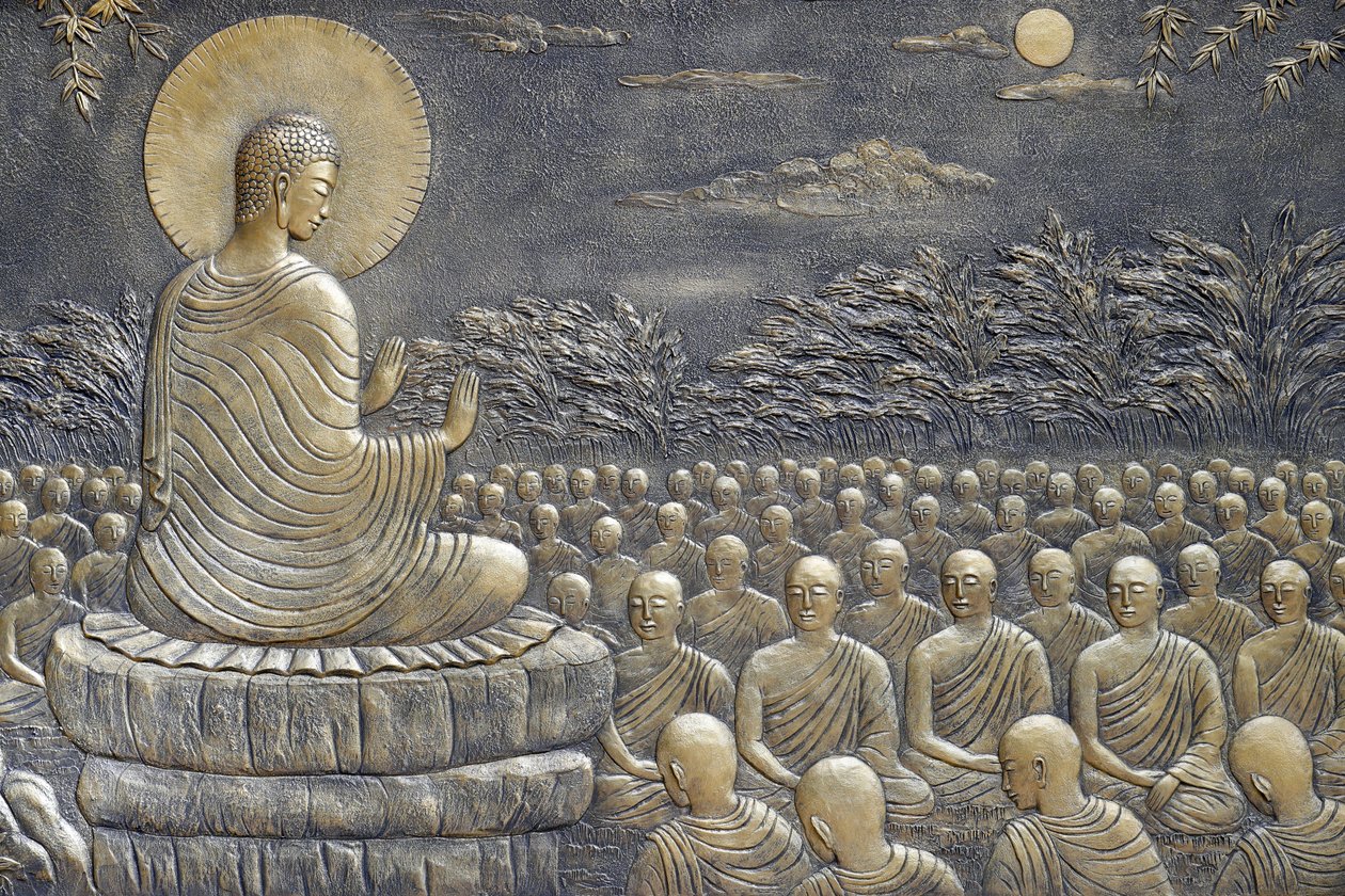 Buddyjska świątynia Tinh Xa Ngoc Chau, Życie Buddy, Siddhartha Gautama, Budda z uczniami, nauczanie, Budda wezwał Swoich pierwszych sześćdziesięciu uczniów Arahant, aby wyruszyli w różnych kierunkach, aby głosić Doktrynę,   Chau Doc, Wietnam, 2018 (pho autorstwa Unbekannt
