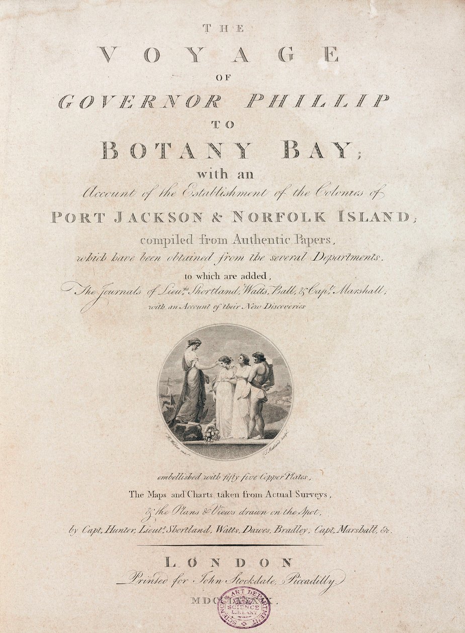 Strona tytułowa z „Podróży gubernatora Phillipa do Botany Bay”, ok. 1789 r. autorstwa Unbekannt