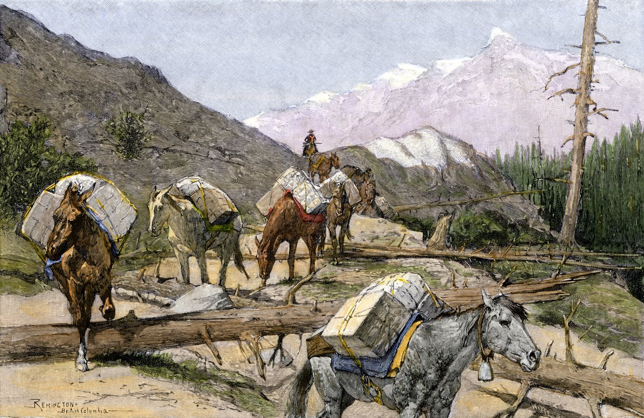 Transport zaopatrzenia i futer na koniu w Górach Skalistych, USA. Z ilustracji Frederica Remingtona. Pociąg przewożący zapasy lub futra przez Góry Skaliste autorstwa Unbekannter Künstler