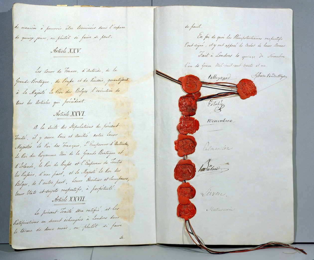 Traktat ustanawiający Belgię suwerennym państwem, podpisany 15 listopada 1831 na konferencji londyńskiej (pióro i atrament i wosk na papierze) autorstwa Unbekannt