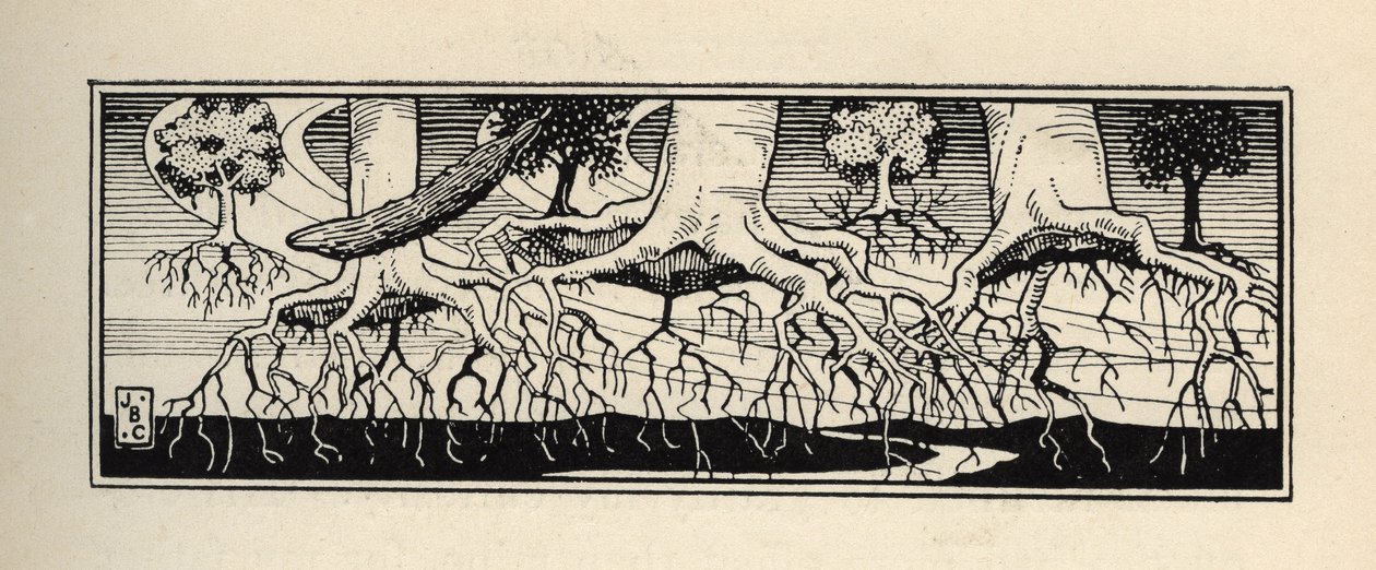 Drzewa deracines przez burzę przesadzają swoje korzenie dokładnie w miejsce, w którym się znajdowały. Ilustracja Williama Stranga (1859-1921) i JB Clarka z „Przygód barona z Munchausen (Munchhausen)” Rudolfa Ericha Raspe (1736-1794) (1789) autorstwa Unbekannt