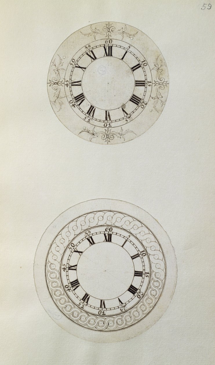 Dwa projekty dużych emaliowanych tarcz zegarków, z mechanicznych notatek i rysunków opracowanych przez Johna Harrisona (1693-1776) i jego syna Williama (ok. 1726-72) (pióro i atrament na papierze) autorstwa Unbekannt