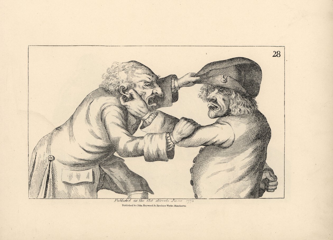 Dwóch wieśniaków Hal i Dick walczą z plotką o niewierności żony Hala, Doll. Miedzioryt według satyrycznej ilustracji Timothy