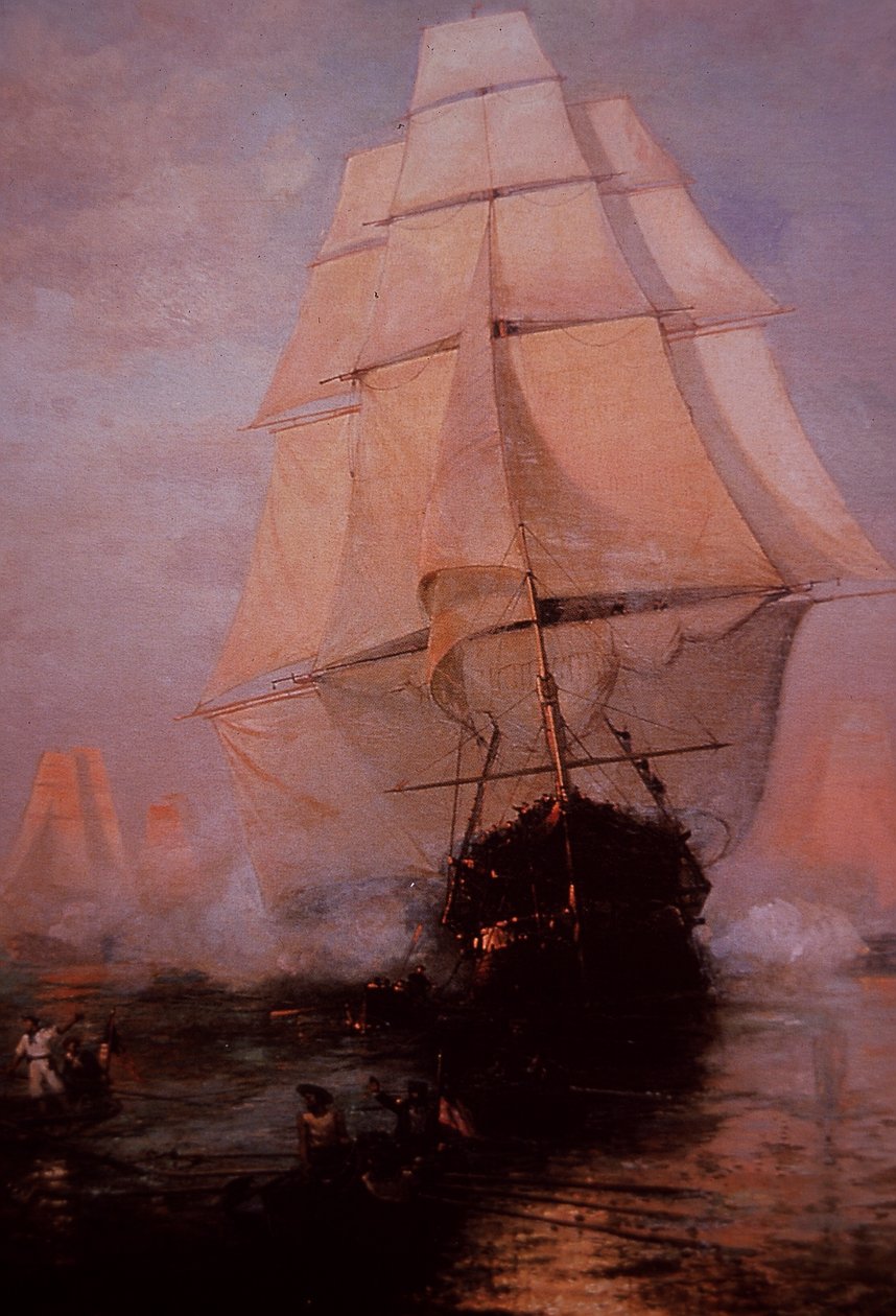 USS Constitution uciekający przed Brytyjczykami (litografia kolorowa) autorstwa Nicolas d